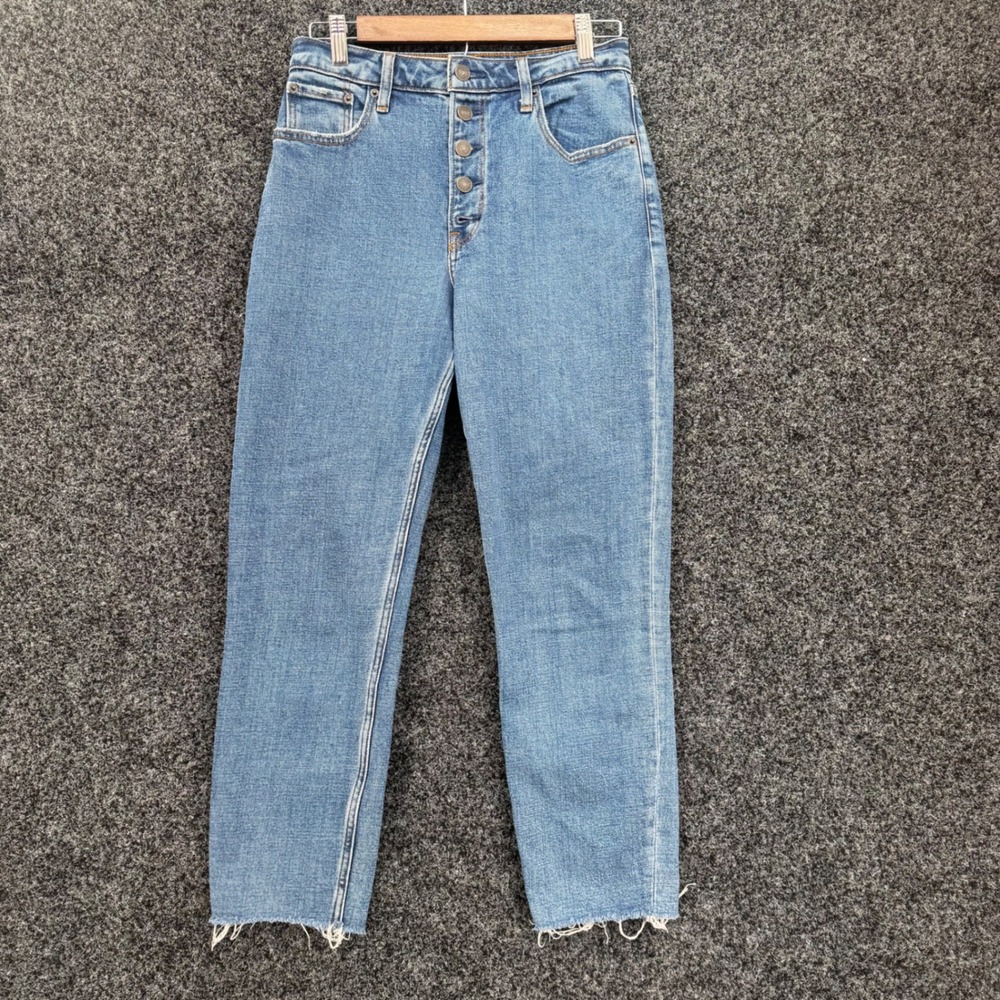 Abercrombie & Fitch Curve Love High Rise Mom Jeans 27 4R Blue Button Fly Raw Hem